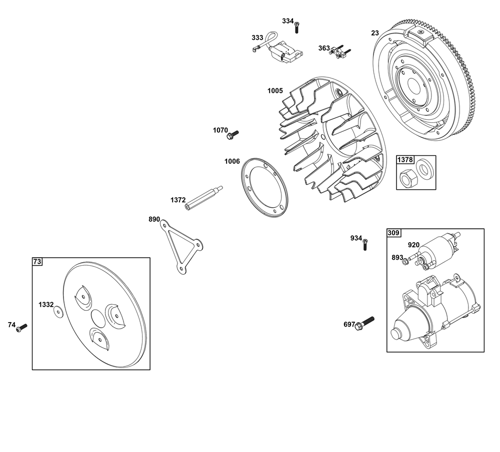 Flywheel, Ignition, And Starter Group Diagram and Parts List for 613277-0120-E1 400000 - 699999 Briggs and Stratton Engine